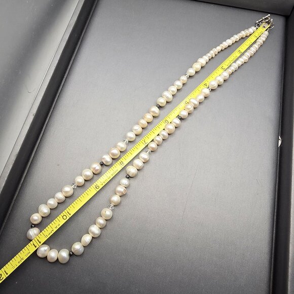 VTG White Graduated Baroque Pearl Necklace 22" Sterling Toggle Crystal Accents - Picture 8 of 13